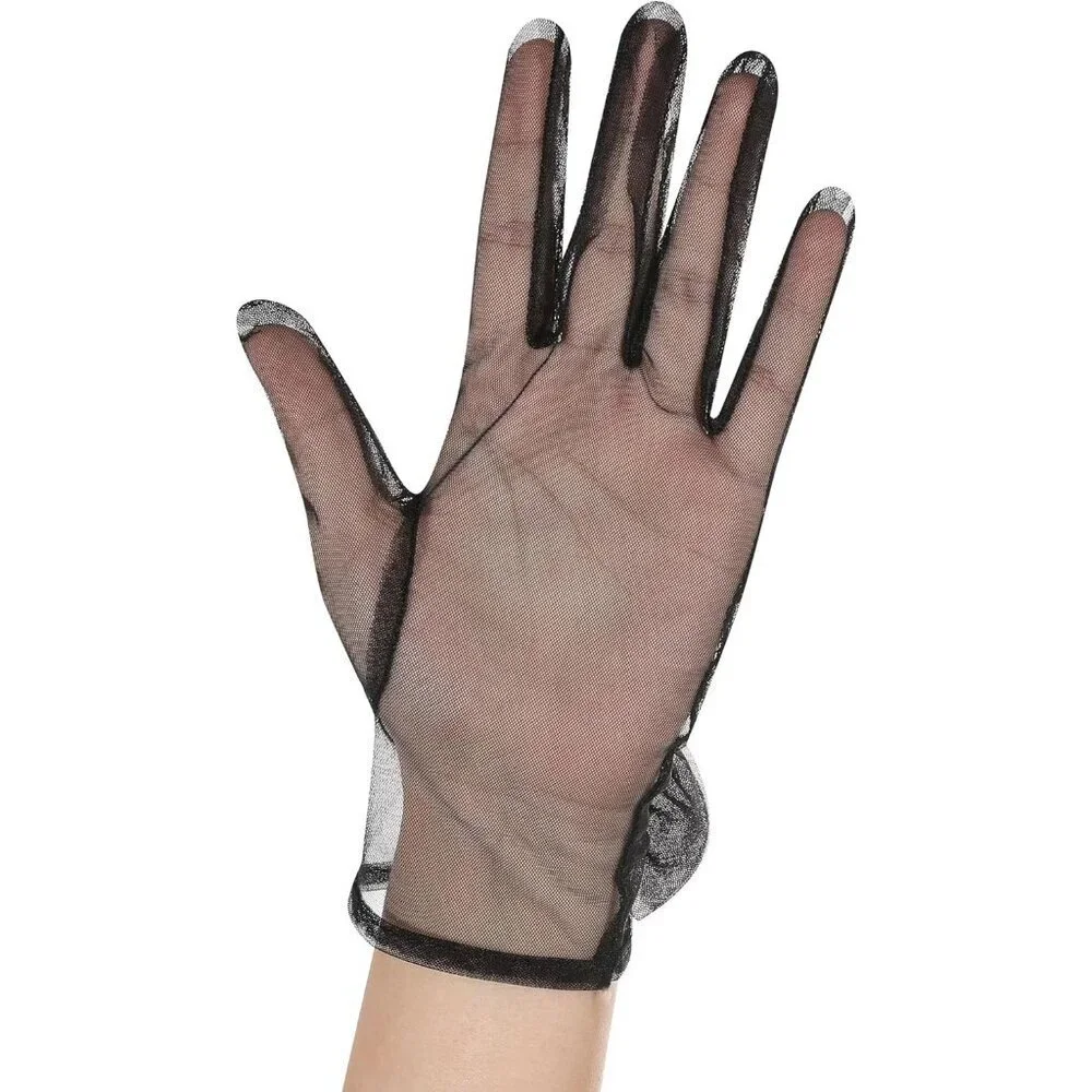 Women's Bow Navy Evening Sheer Tulle Short Length Gloves Wrist Tea Party Prom